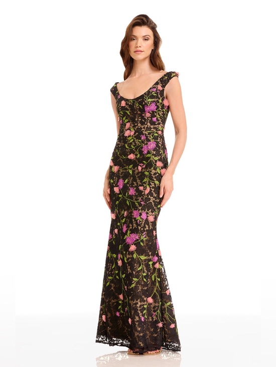 Dress the Population Dresses & Skirts - DRESS THE POPULATION Josie Floral Appliqué Sleeveless Gown In Black Multi Size S